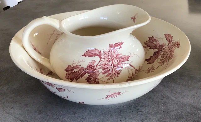 ANCIEN SERVICE DE TOILETTE BROC Et CUVETTE En Faïence De GIEN « Fleurs