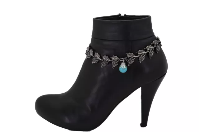 Women Pewter Metal Chain Boot Bracelet Shoe Blue Bead Leaf Charms Wedding Bridal