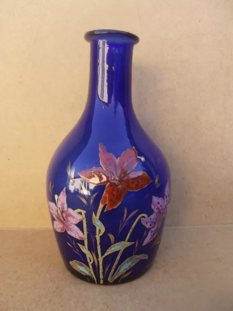 legras ancienne carafe à décor de fleurs émaillées verre bleu cobalt Art Nouveau