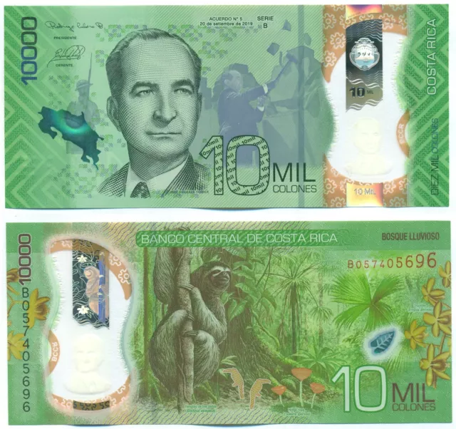 Costa Rica Note 10.000 Colones 2019 Prefix B Polymer P 283 Unc