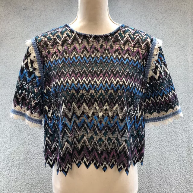 Saloni Ophelle Chevron Lace Blouse Womens 8 Short Sleeve Crop Full Zip Back