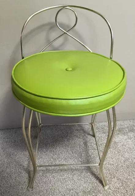 Vintage Vanity Stool Chair Green Vinyl Cushion Gold Tone Hollywood Regency MCM