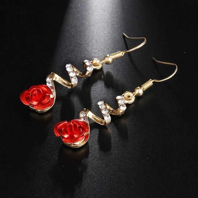 Valentines Earrings for Girls Creative Trendy Red Rose Drop Rhinestone Spiral