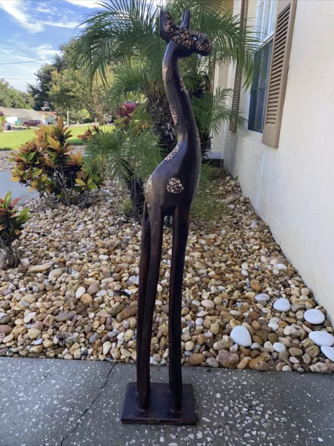 Giraffe On Base  Hand Carved Wood Tropical Sculpture Bird Decor Tiki
