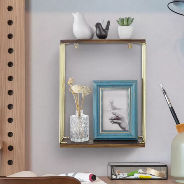 2 Tier Modern Brass & Burnt Wood Floating Shelf Decorative Shadow Box Wall Shelf 3