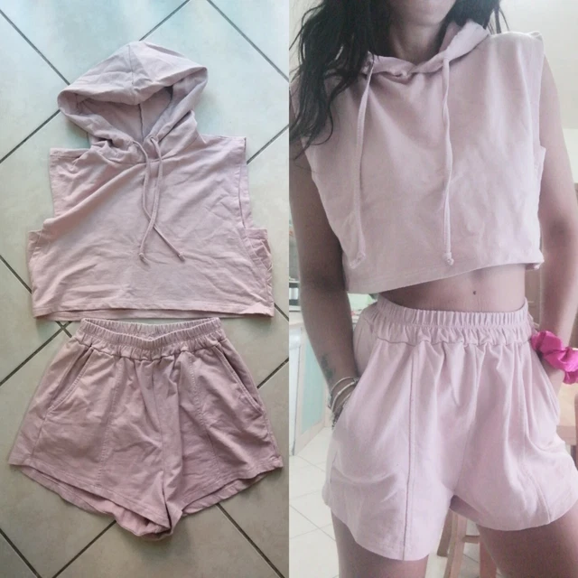 Coordinato Completo Tuta Donna Top Cappuccio Pantaloncini Vita Alta rosa S M