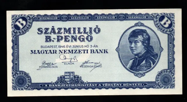 100 000 000 Billion Pengo Aunc-Ef Banknote From Hungary 1946 Pick-136 Extra Rare