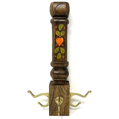 Vintage Hand Painted Wood Coat Hat Rack With Brass Hooks
