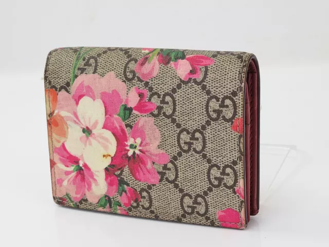 Auth GUCCI Brown GG PVC Canvas Blooms Floral Printed Mini Bifold Wallet #56105