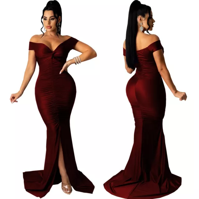 New red wine off the shoulder ruched long evening party formal dress size uk 8