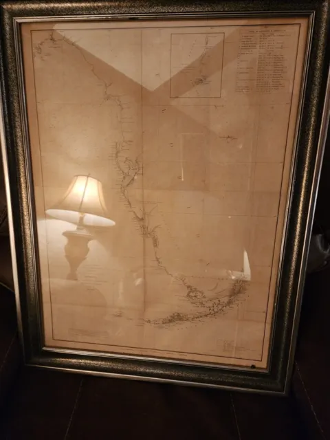 1854 US Coast Survey & Bache Large Rare Antique Map of Florida - Framed