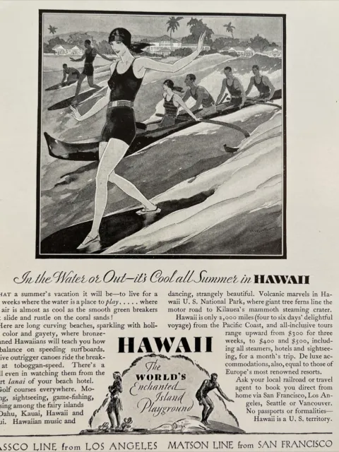 1929 Hawaii Tourist Bureau Print Ad Vacation Cruises Surfing Island Playground