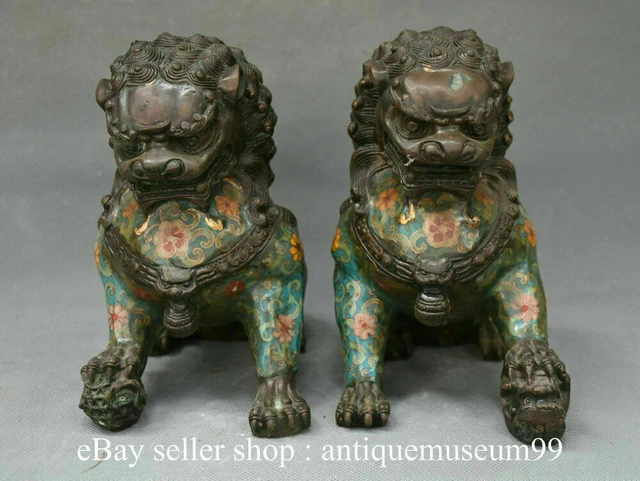 8" Old Cloisonne Enamel Bronze Fengshui Foo Fu Dog Guardion Lion Pair Statue