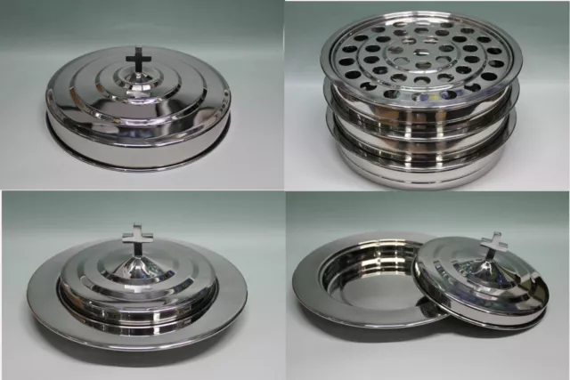 Silvertone---3 stainless steel communion trays with 1 lid and 2 bread tray set