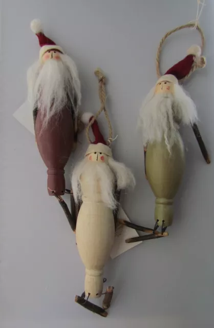 SANTA Ornaments spindle wood bobbin 3pc Primitive Style Tender Heart NEW