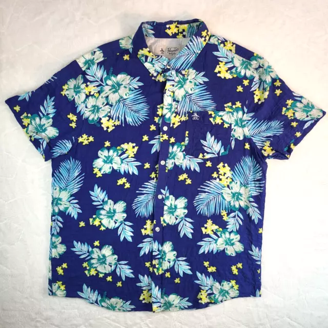 Hawaiian Button Up Shirt Penguin Short Sleeve Floral Print Blue Men's Large