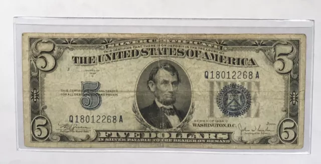 1934 C Silver Certificate $5 Five Dollar Bill (Fancy Serial Number 3 Pairs)