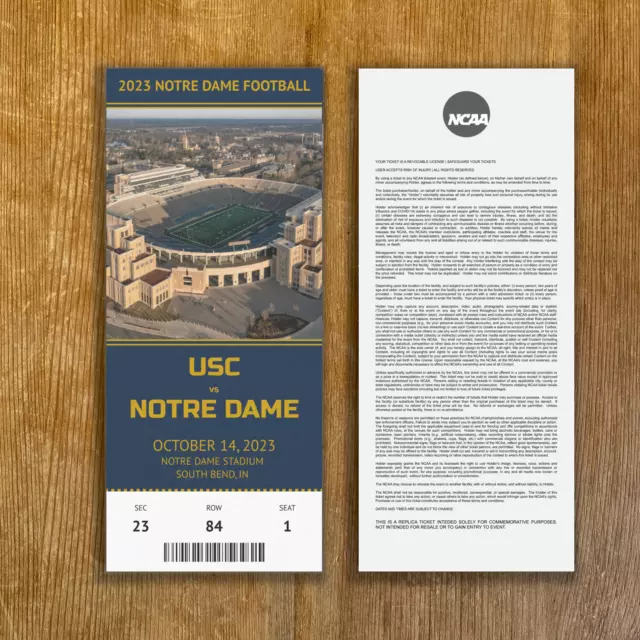 2023 Notre Dame Fighting Irish Football Custom Replica Ticket Stub Any Game Seat