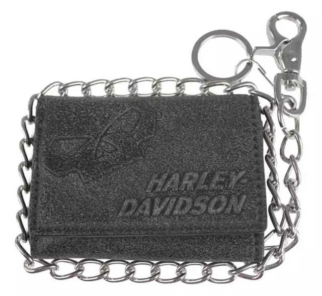 Harley-Davidson® Men's Skull Tri-Fold Biker Chain Black Leather Wallet UN4663L