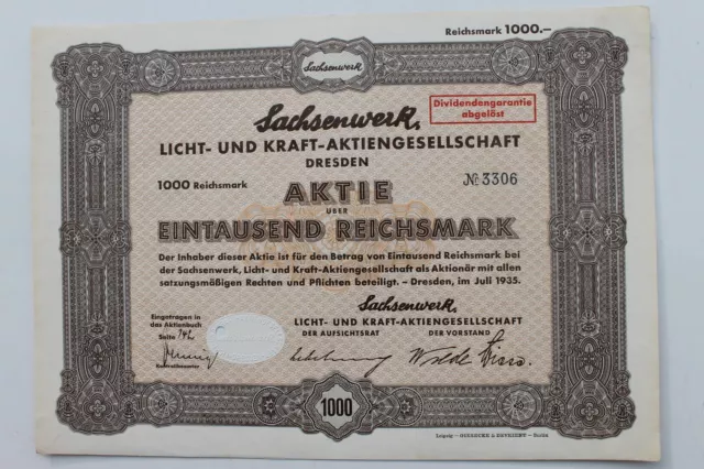 29396 Share Sachsenwerk Light And Kraft Ag Dresden Niedersedlitz 1000 Mark 1935