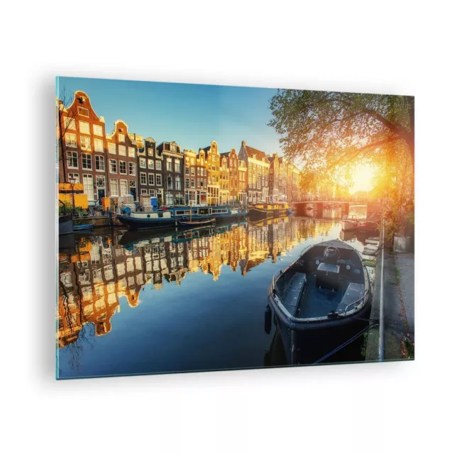 Impression sur Verre 70x50cm Tableaux Image Photo Cha�ne Bateau Amsterdam eau