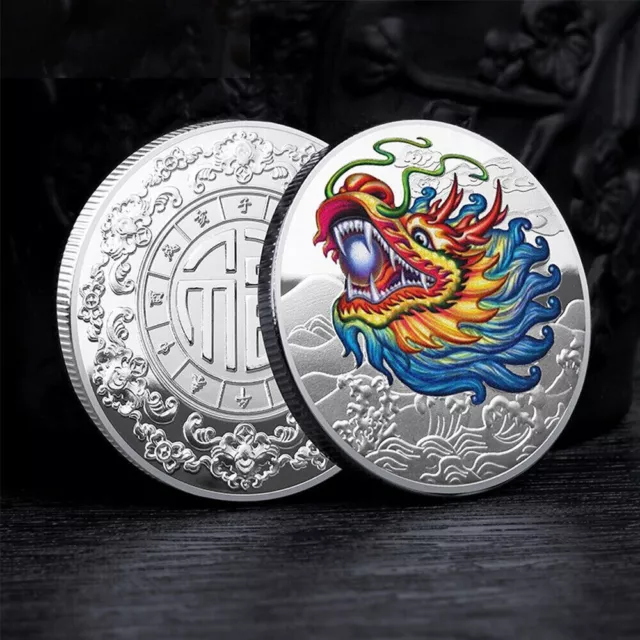 Medaille - Chinesicher Lunar Drache - Silber Auflage - Koloriert - Selten