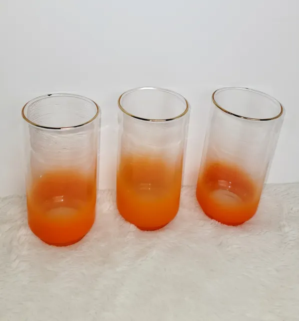 Vintage Libbey Orange Frosted Blendo Drinking Glasses 5.5" w/ Gold Trim MCM