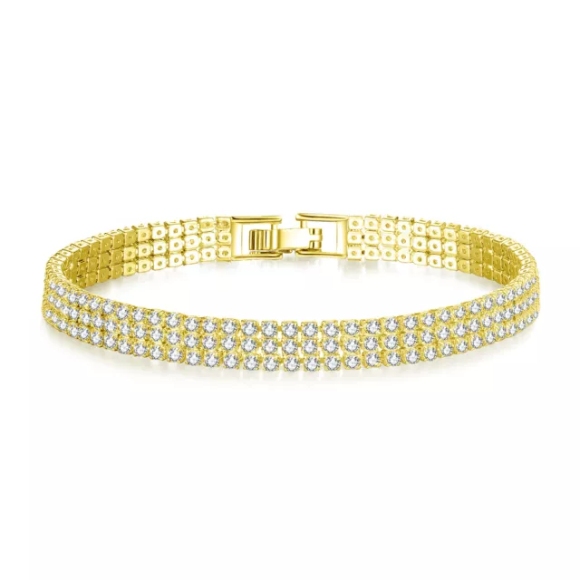 Handmade Three layer Round Cut White Topaz Gemstone Yellow Gold Women Bracelets