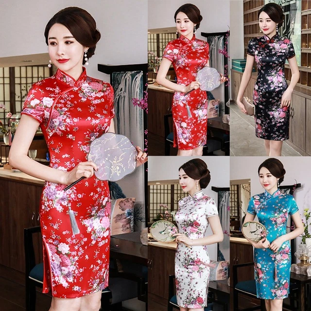 Abito stretto donna a maniche corte Cheongsam festa tradizionale fiori vintage
