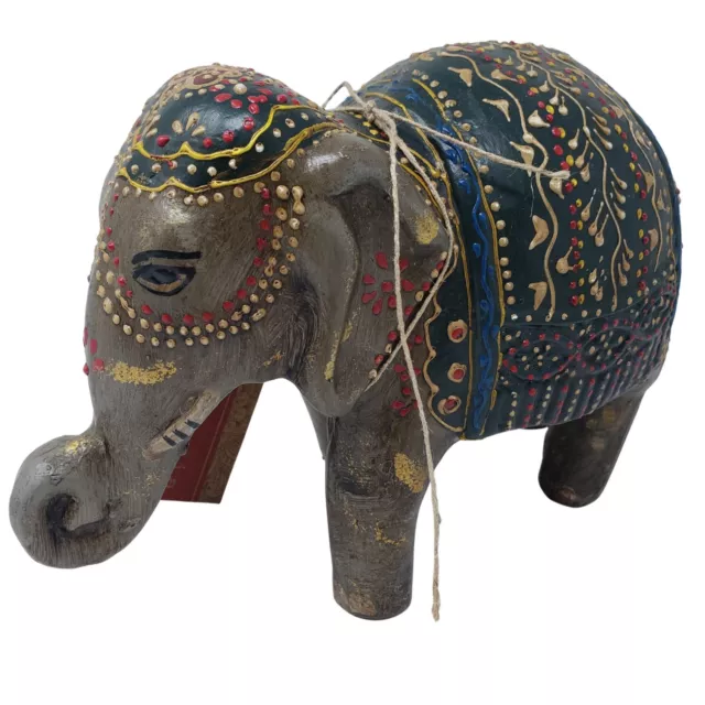 Indian Artisan Hand Painted Elephant Decor Statue 9" Trunk Curl Yellow Red Blue