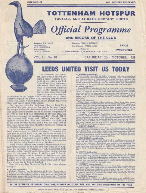 Tottenham Hotspur (Spurs) v Leeds United 25 October 1958 Programme