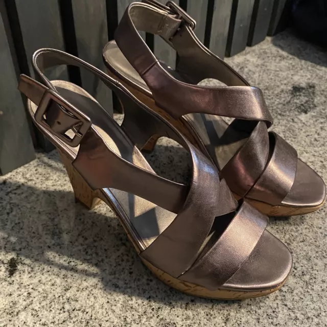 Franco Sarto Cork Wedge Platform Strappy Sandals Heel Gold Bronze Size 8.5
