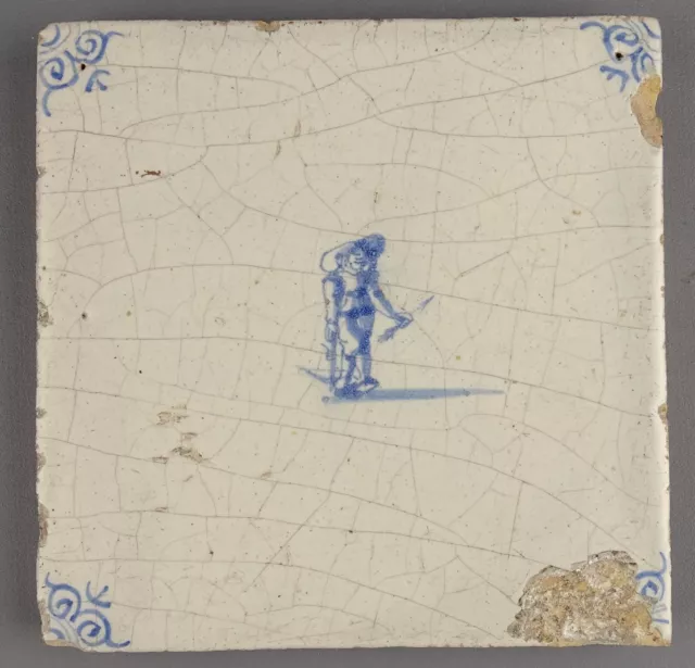 Antique Dutch Delft Blue Tile, Hunter - Soldier with Crossbow mid 17th Century.