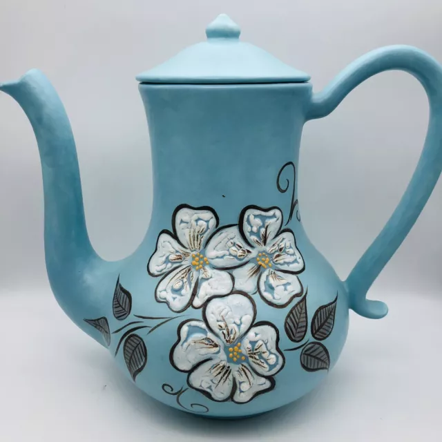 Teal Floral Painted Ceramic Pitcher with Lid Signed by Artist Good Condition