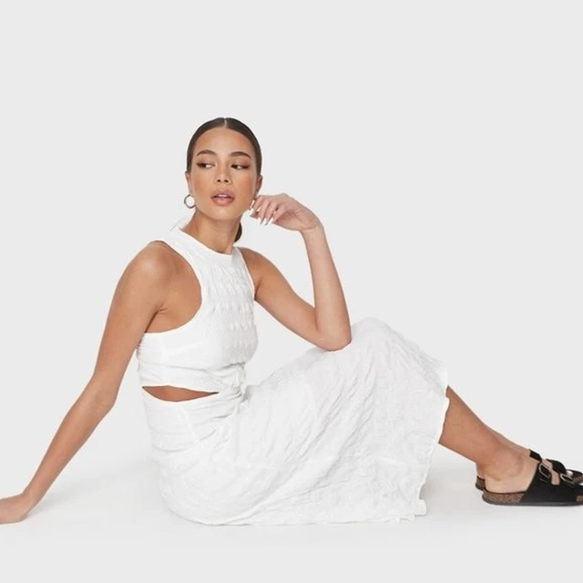 Missguided Cut Out Side Midaxi Dress Round Neck Crinkle White, Size 14 NWT