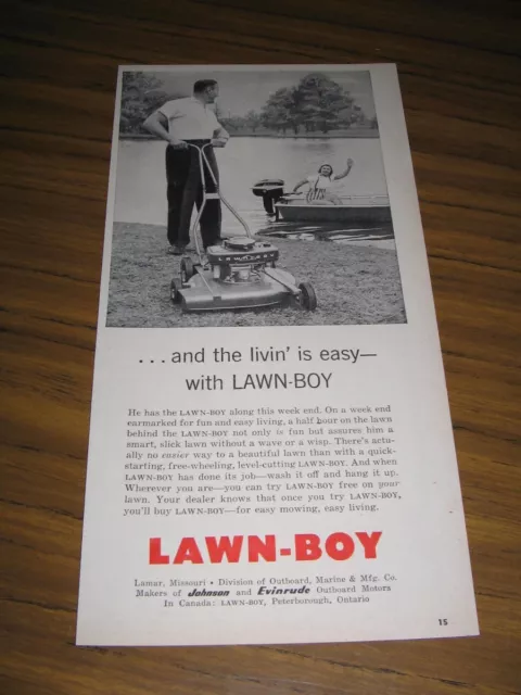 1956 Print Ad Lawn Boy Lawn Mowers Johnson Outboard Motor Lady in Boat