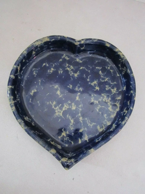 Vintage Bennington Vermont Pottery Blue Agate Spongeware Dish Heart Trinket 7"