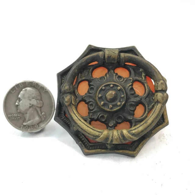 Antique 1930s Brass & Celluloid Drop Ring Drawer Pull furniture door knob handle