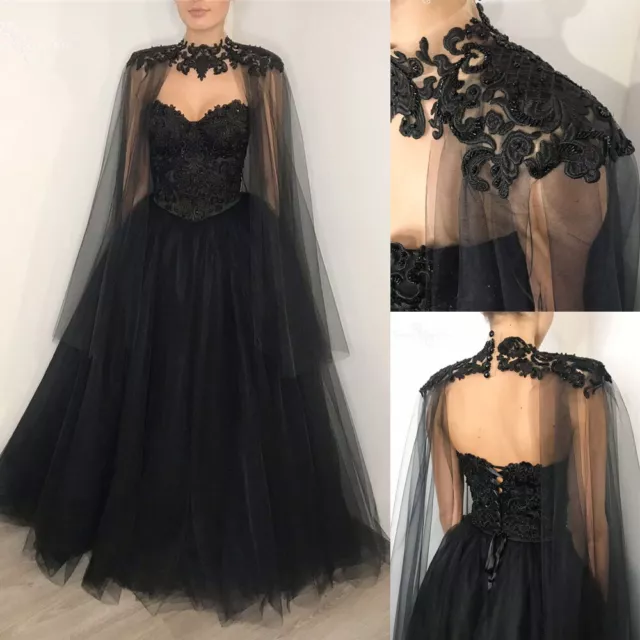 Gothic Black Wedding Dress with Cape Strapless Sexy Backless Corset Bridal Gown