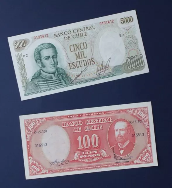 Central Bank Of Chile - 1960 10 Centesimo &  1974 5000 Escudos Banknotes - Unc.