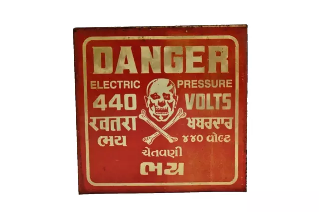 Vintage Warning Dose Zeichen Totenkopf Gefahr Stromdruck 440 Volt Khatra Rare "