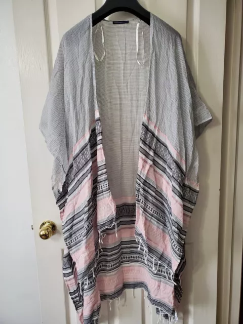 American Eagle Outfitters Kimono Women's One Size Cotton Pink Gray Boho Fringe