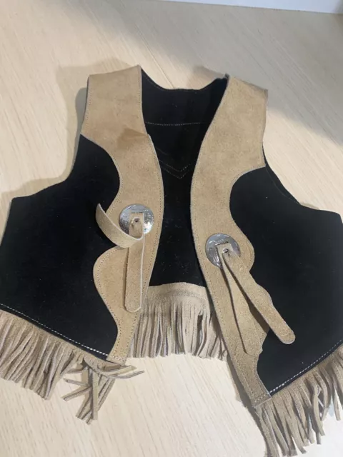 Vintage Western Childs Black & Tan Suede leather Fringed Vest Unbranded,No Tags