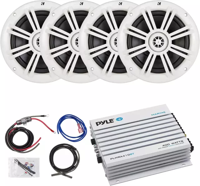 4 X Kicker 6.5" Marine Boat Coaxial White Speakers Combo Bundle with Pyle Elite