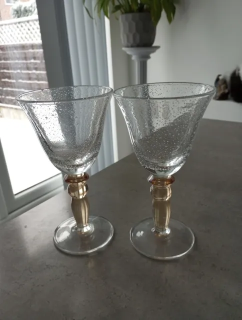 Pottery Barn Amber Stem Wine Water Goblets Bubble Seaded  set of 2