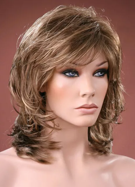 Ladies Wig Natural Volume Style Brown Blonde Highlights Bangs Full Fashion Wig