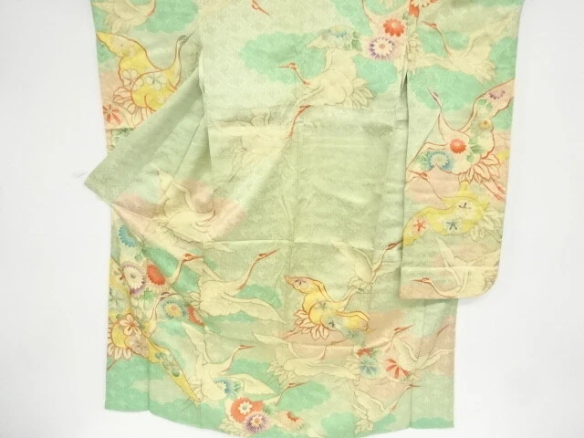 35634# Japanese Kimono / Antique Kimono / Embroidery / Cranes & Kiku