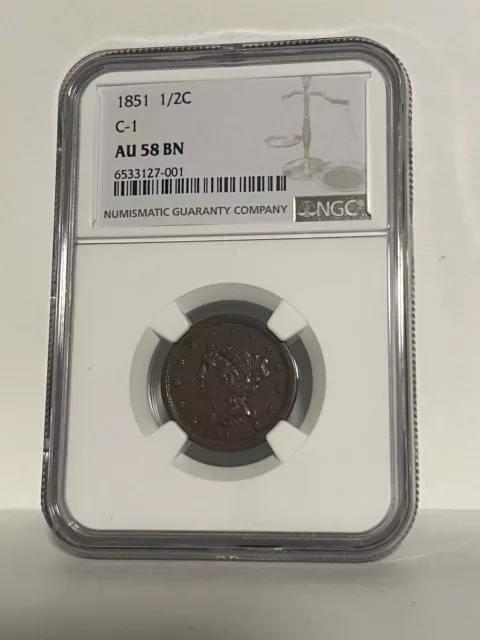 NGC AU-58 BN 1851 Braided Hair Half Cent, Sharp, Chocolate-Brown specimen.