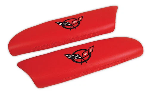 00-04 Corvette Torch Red Leather Armrest Pads With C5 Logo NEW 479993