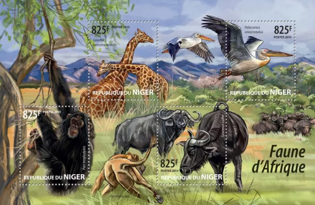 Wild Animals Stamps Niger 2015 MNH African Fauna Giraffes Pelicans Buffalo 4v MS